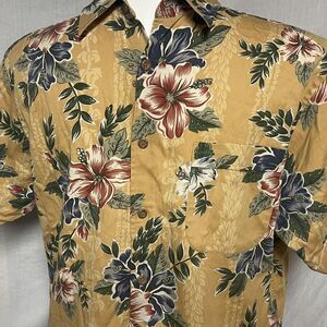 An Original by Tommy Hilfiger Mens Mustard Hawaiian Shirt Floral Hibiscus Large